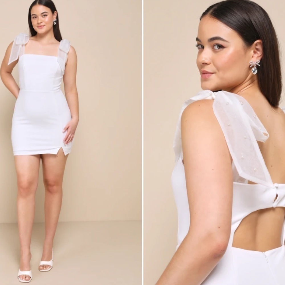 LULUS Bridal Bachelorette Engagement Bridal Shower Sexy Bow Pearls Mini Dress - Picture 7 of 7